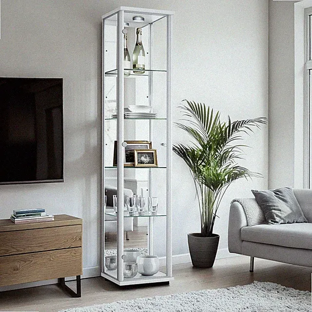 K-Möbel Glasvitrine mit Spiegel in Weiss (176x37x33 cm); Schrank Regal ESG