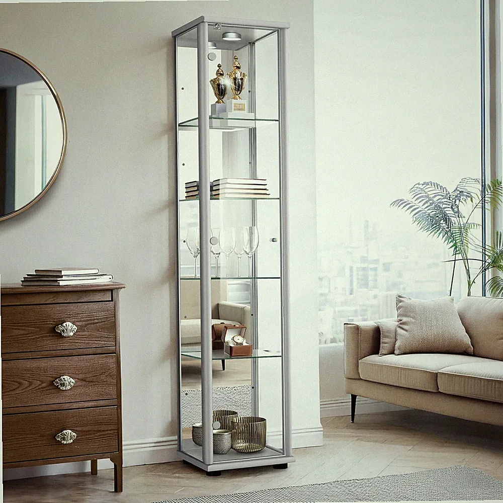 K-Möbel Glasvitrine mit Spiegel, LED & Schloss (176x37x33 cm) Regal Schrank Glas