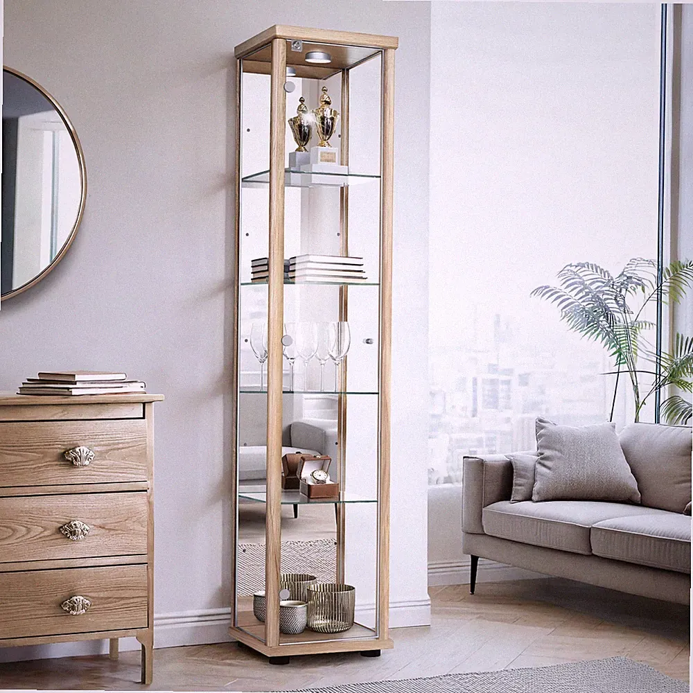 K-Möbel Glasvitrine mit Spiegel, LED und Schloss in Buche (176x37x33cm); Regal