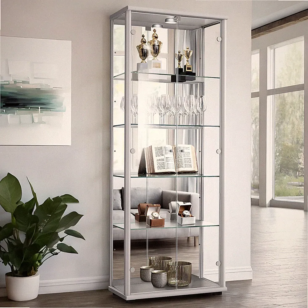K-Möbel Glasvitrine mit Spiegel, Schloss und LED in Alu/Silber (176x67x33 cm)