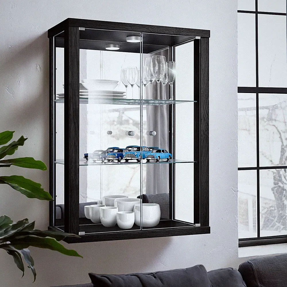 K-Möbel Glasvitrine mit Spiegel und LED in Schwarz (80x60x25 cm); Schrank Regal