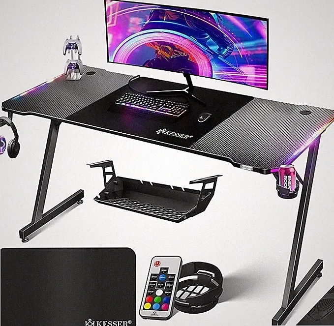 KESSER® Gaming Tisch LED 180cm x 80cm | Z-Form Gamer Schreibtisch | Schwarz
