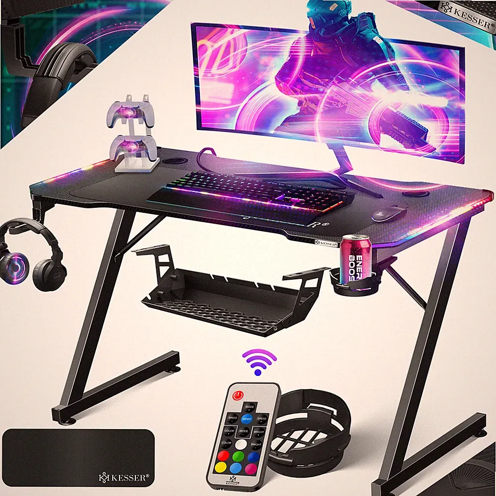 KESSER® Gaming Tisch LED Gamer Schreibtisch Ergonomisch PC Computertisch Z-Form