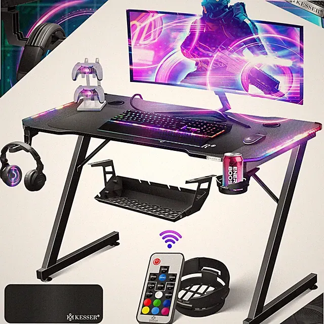 KESSER® Z-Form Gaming Tisch 120x60 cm | LED, Kopfhörerhaken, Getränkehalter