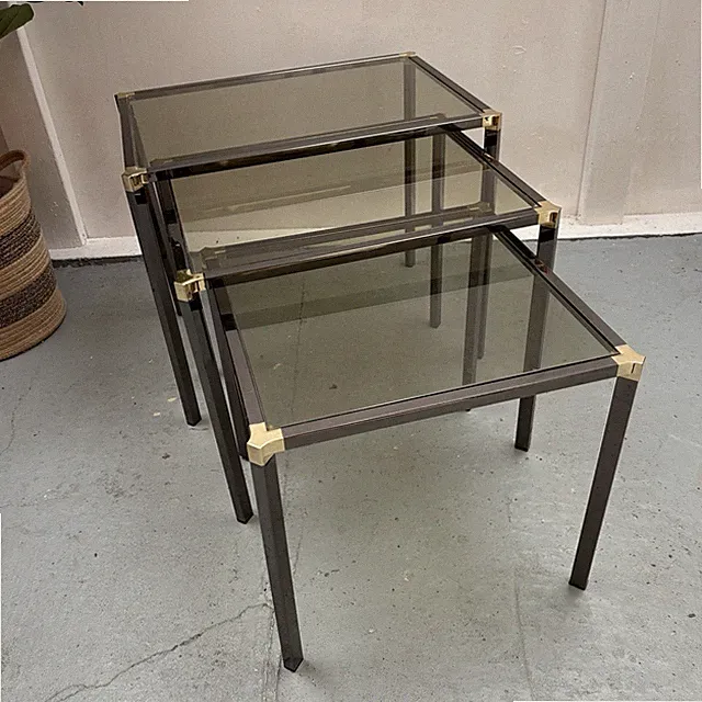 Kesterport für Harrods Vintage Satztische Graphit Chrom Gold Metall Glas