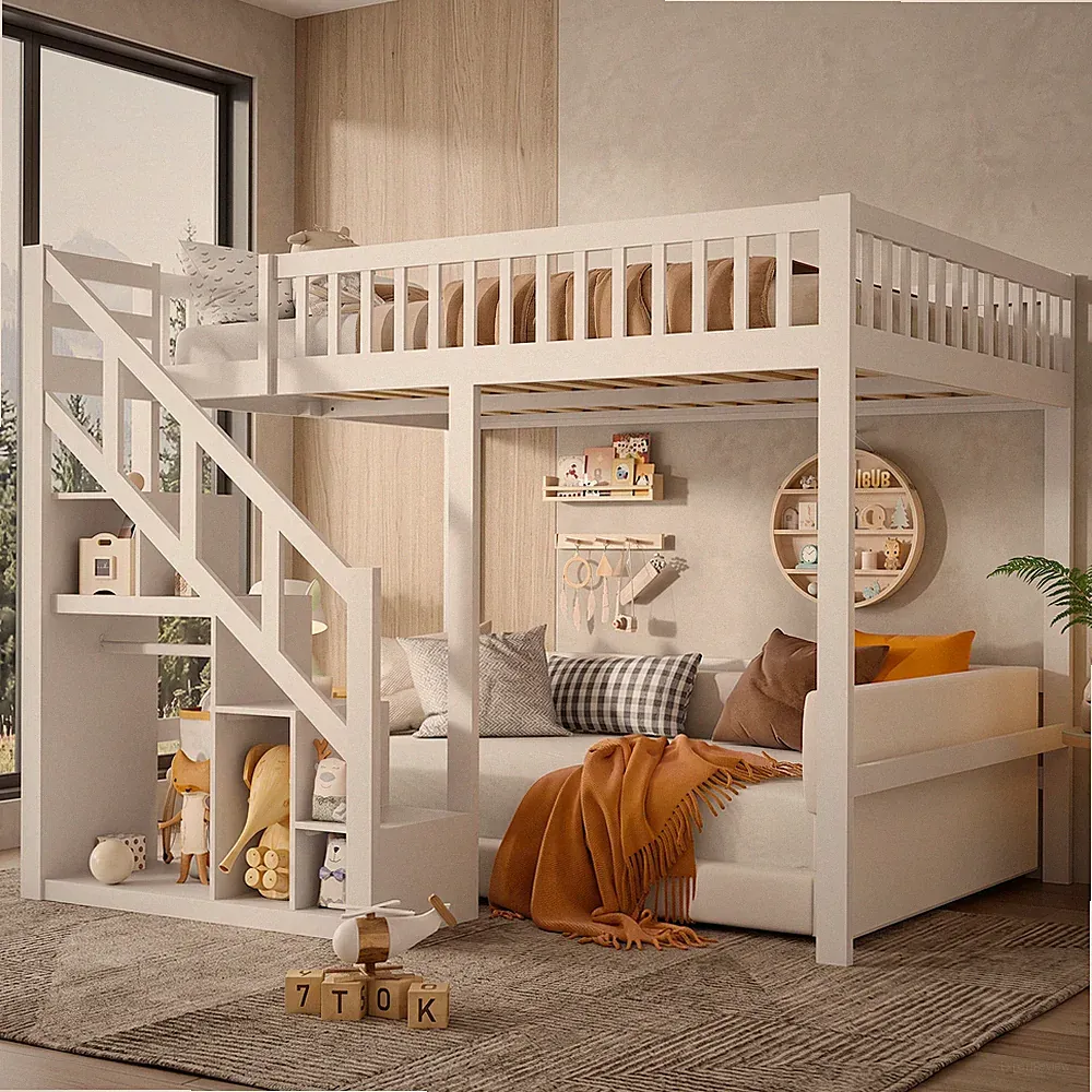 Kinder-Etagenbett 90x200 cm Hochbett mit Treppe und Stauraumschrank Funktionales