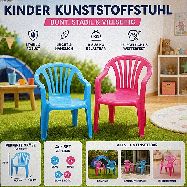 Kinder Kunststoffstuhl 4er Set Stapelbar, Wetterfest, bis 35 kg