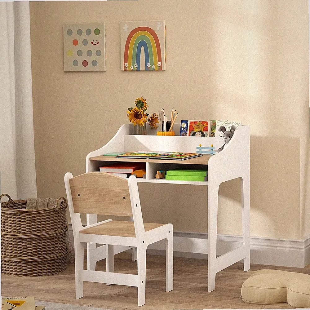 Kinder-Schreibtisch-Set Mit Stauraum, Offene Fächer, Stuhl, 3-8 Jahre, Holz