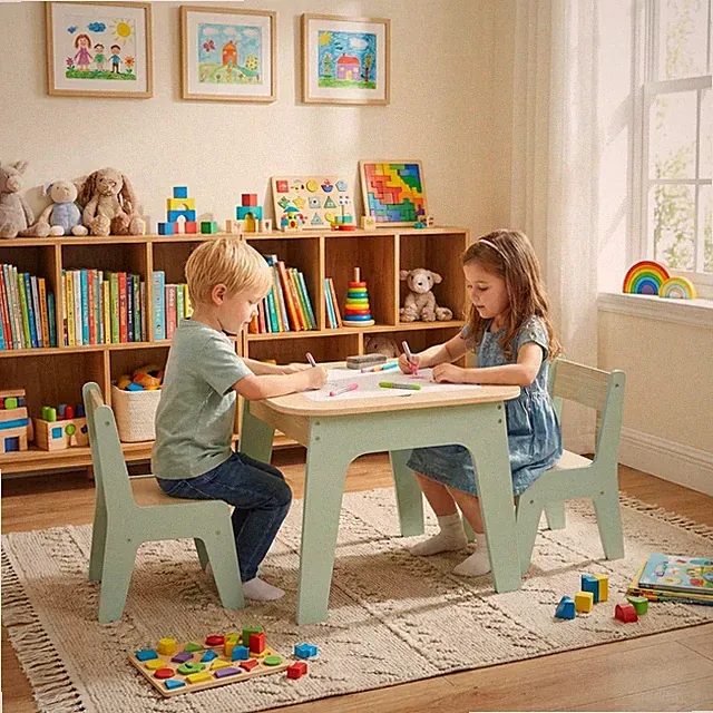 Kinder Tisch mit 2 Stühlen Kindersitzgruppe Spieltisch Lernspielzeug grünes Holz