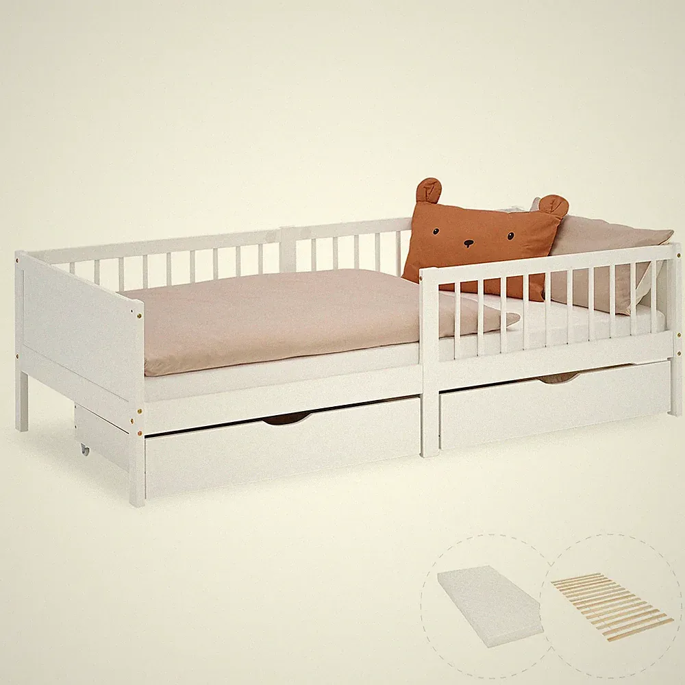 Kinderbett 90x200 Bett Weiß Holzbett Matratze Bettkasten Schubladen Homestyle4u