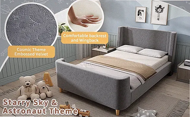 Kinderbett 90x200 cm Grau Samt Schlittenbett Kosmisch Muster Ohne Matratze