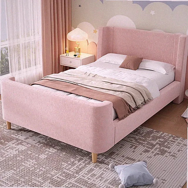 Kinderbett 90x200 cm Rosa Samt Schlittenbett Weltraumdesign Lattenrost