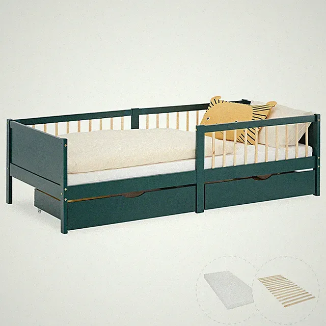 Kinderbett 90x200 Matratze Holzbett Bett Grün Bettkästen Schubladen Homestyle4u