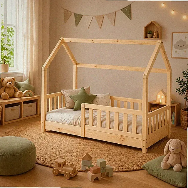Kinderbett Haus 70x140 cm Natur Massivholz Bodenbett Rausfallschutz & Lattenrost
