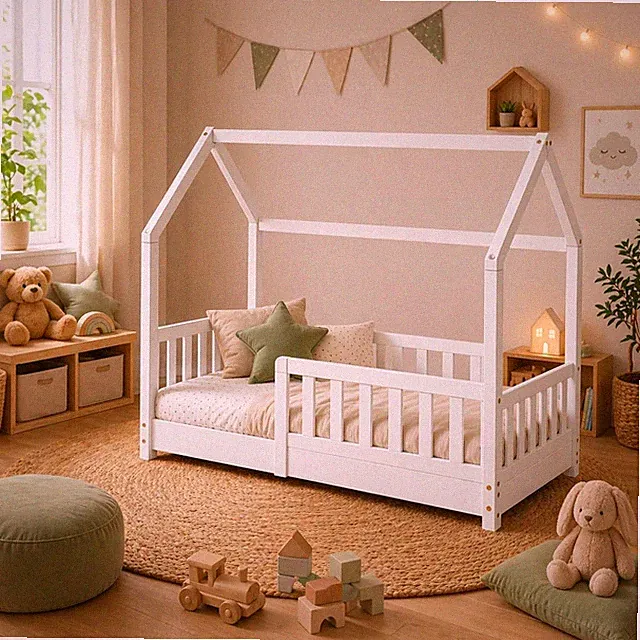 Kinderbett Haus 80x160 cm Weiß Massivholz Bodenbett Rausfallschutz & Lattenrost