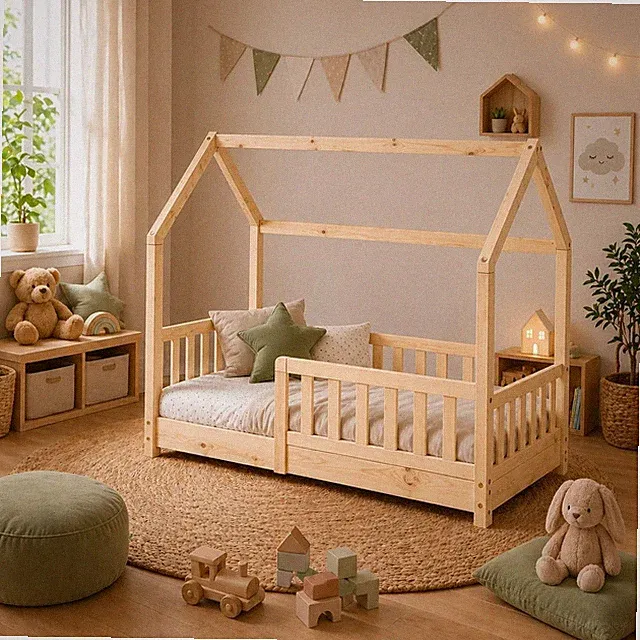 Kinderbett Haus 90x200 cm Natur Massivholz Bodenbett Rausfallschutz & Lattenrost