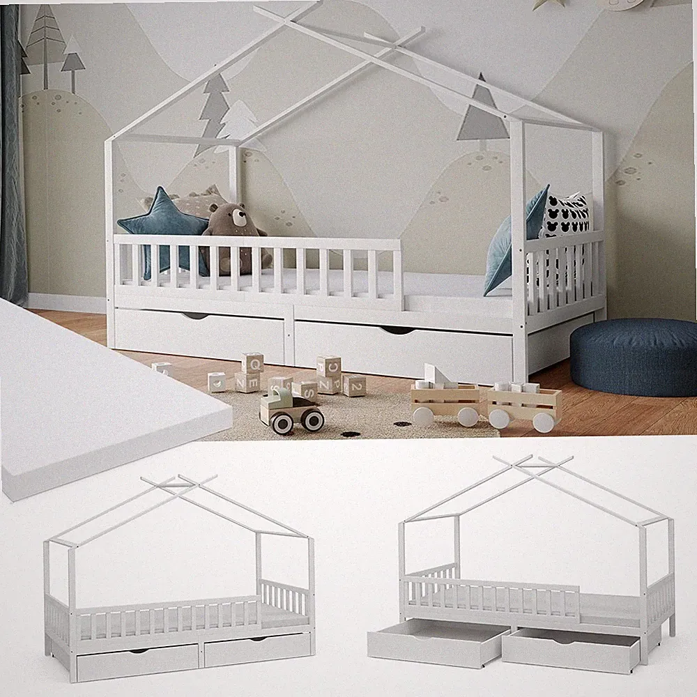 Kinderbett Hausbett Einzelbett Franka Weiß 200 x 90cm Matratze modern Vicco