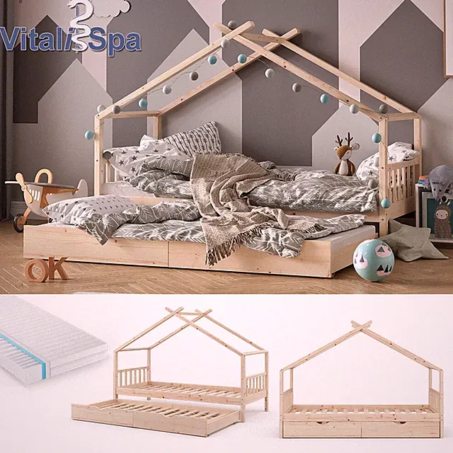 Kinderbett Hausbett Gästebett Lattenrost 90x200 Matratze Design Natur VitaliSpa