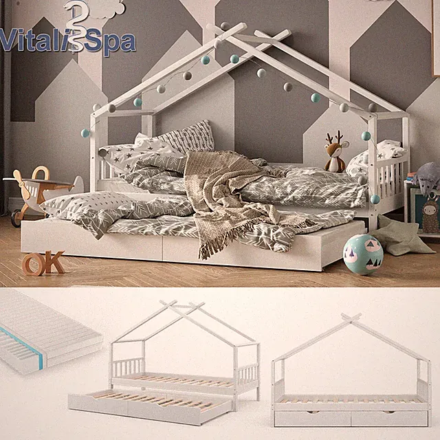 Kinderbett Hausbett Gästebett Lattenrost 90x200 Matratze Design Weiß VitaliSpa