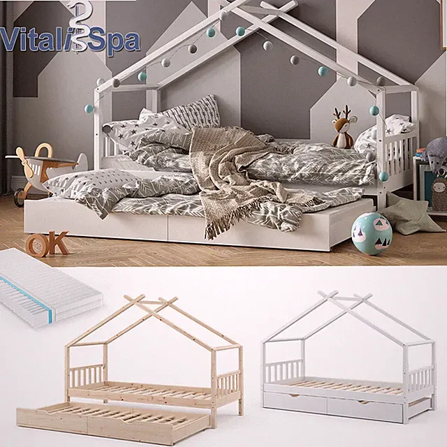 Kinderbett Hausbett Gästebett Lattenrost 90x200 Schublade Design VitaliSpa
