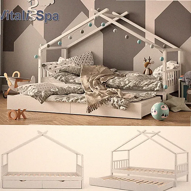 Kinderbett Hausbett Gästebett Lattenrost 90x200 Schublade Design Weiß VitaliSpa