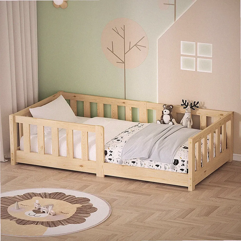 Kinderbett Holzbett Lattenrost Jugendbett Rausfallschutz Bett 70 x 140 cm Natur