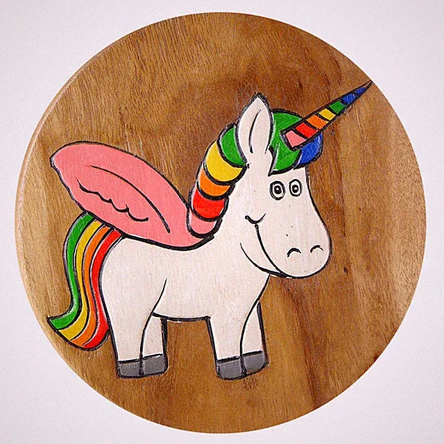 Kinderhocker, Holz Hocker , Holz Stuhl Kinderstuhl, Einhorn Bunt Höhe 25cm