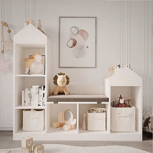 Kinderregal, 121 cm Bücherregal Kinder mit Sitzbank, Spielzeugregal Kinderzimmer