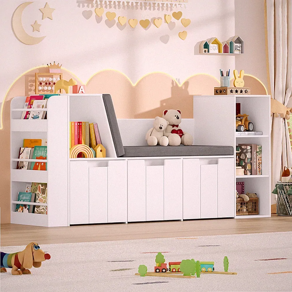 Kinderregal, 156 cm Bücherregal Kinder mit Sitzbank, Spielzeugregal Kinderzimmer