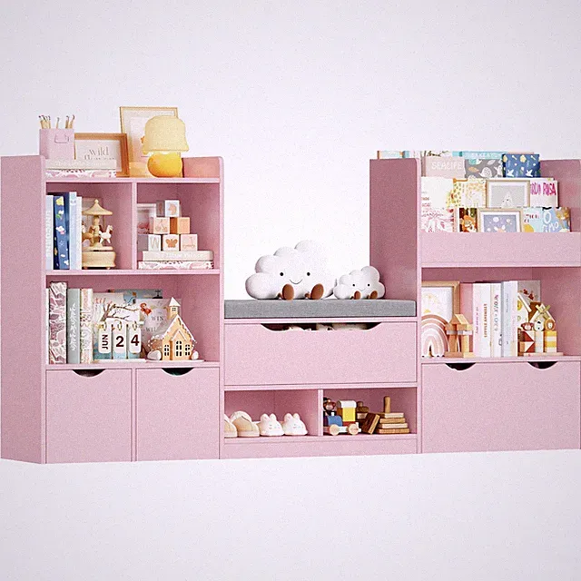 Kinderregal 183cm Breit mit Sitzbank Kinderzimmer Möbel mit 3 Aufbewahrungsboxen