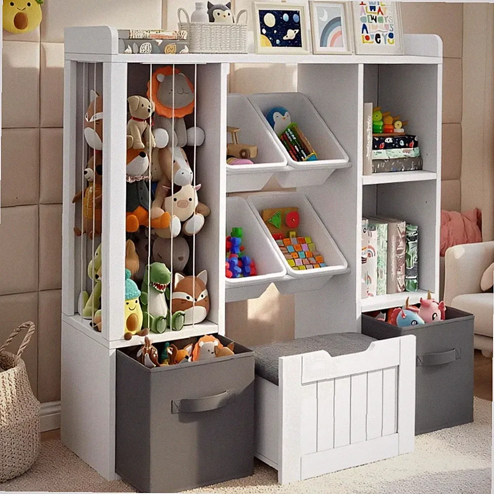 Kinderregal Holz Spielzeugregal Bücherregal Stauraum Sitzbank Organizer