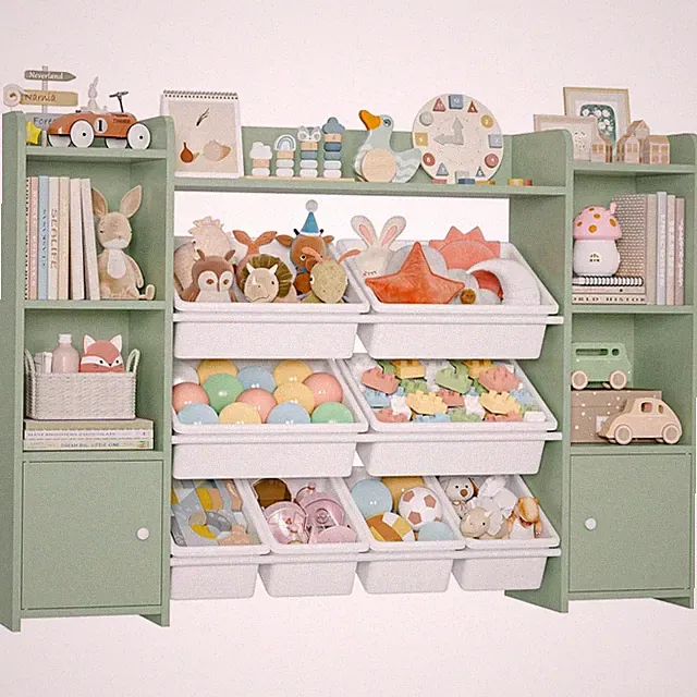 Kinderregal Kinderzimmer Möbel Holz Bücherregal Grün mit 8 Boxen Spielzeug Or...