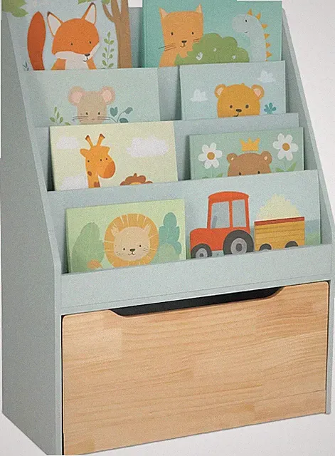 Kinderregal mit 4 Fächern Spielzeugkiste Rollen Türkis Natur