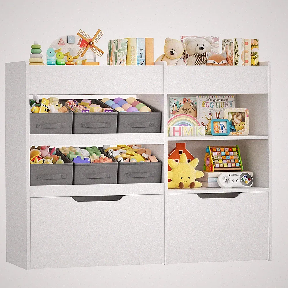 Kinderregal mit 6 Boxen auf Rollen, Bücherregal Kinder mit 2 Aufbewahrungsboxen