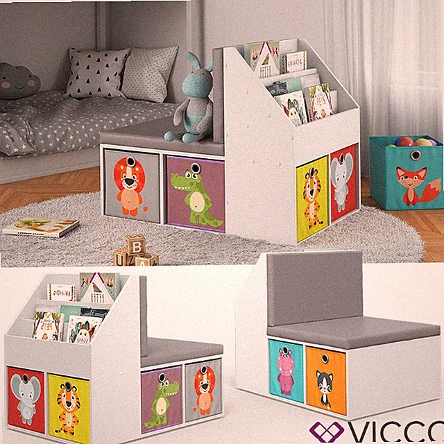 Kinderregal mit Sitzbank 6 Faltboxen Kindersitzbank Kinderzimmerregal Onix Vicco