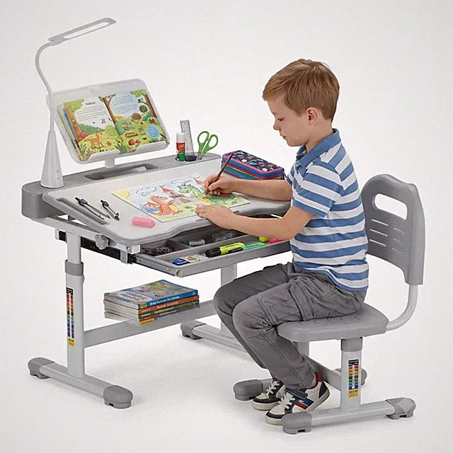 Kinderschreibtisch höhenverstellbar neigbar mit Stuhl LED Lampe 70x51x53–71cm
