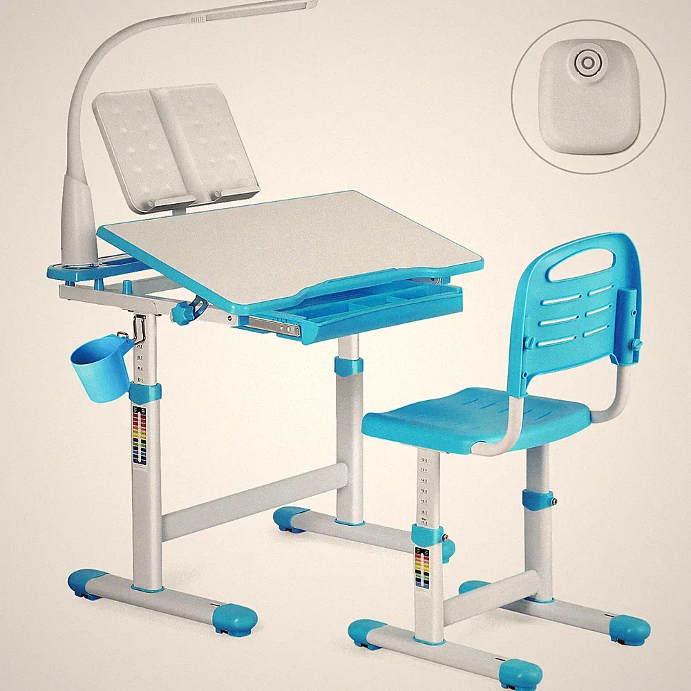 Kinderschreibtisch Schülerschreibtisch Verstellbar Neigbar mit Stuhl&Lampe Blau