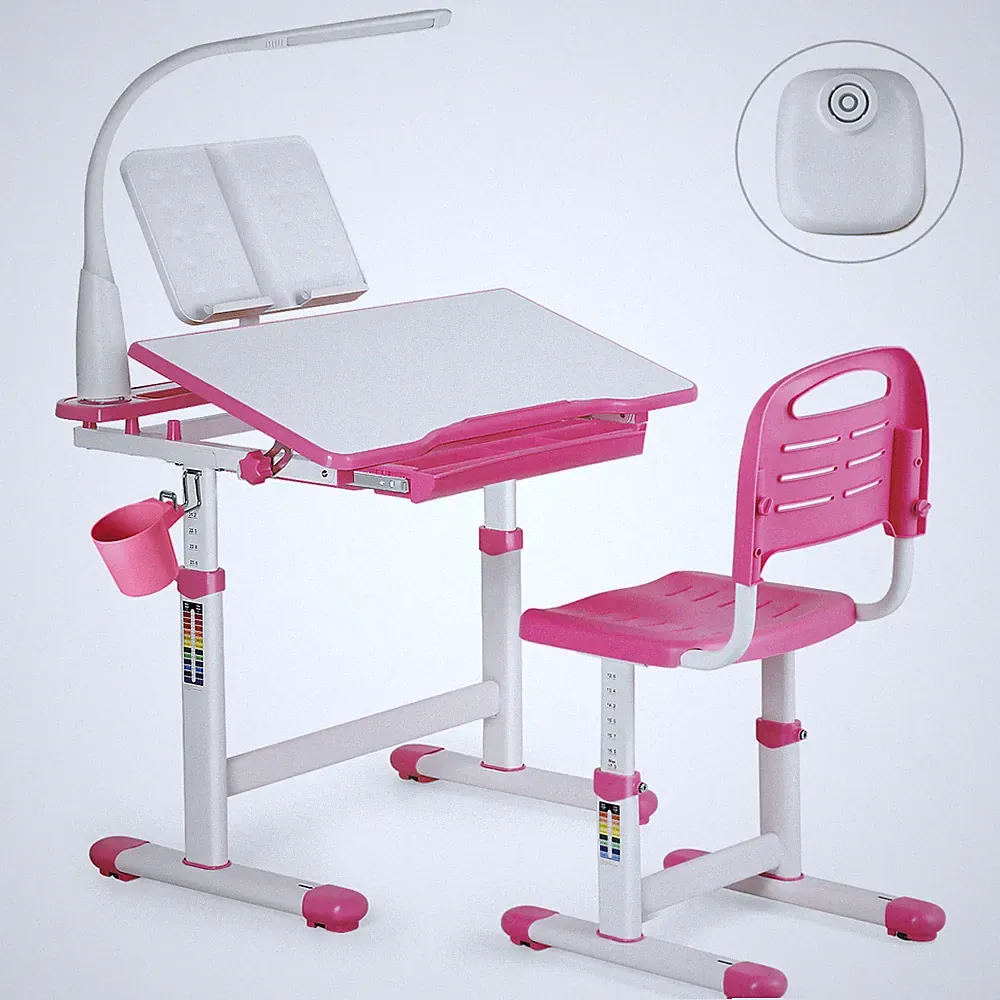 Kinderschreibtisch Schülerschreibtisch Verstellbar Neigbar mit Stuhl&Lampe Rosa