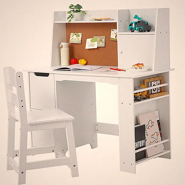 Kinderschreibtisch und Stuhl Set aus Holz Spiel- & Schreibtisch mit Regal, Weiß