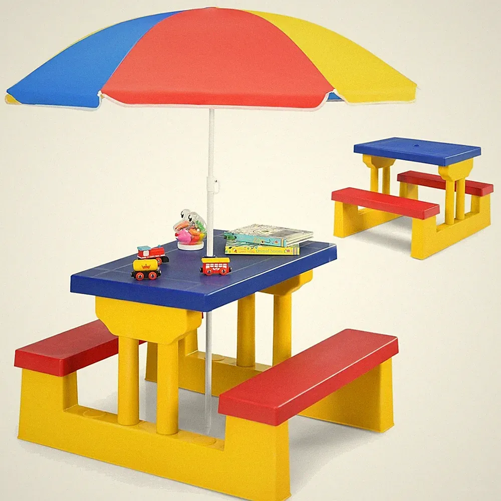 Kindersitzgruppe Garten mit Sonnenschirm Sitzbank Kinder Picknick Kinderstuhl...