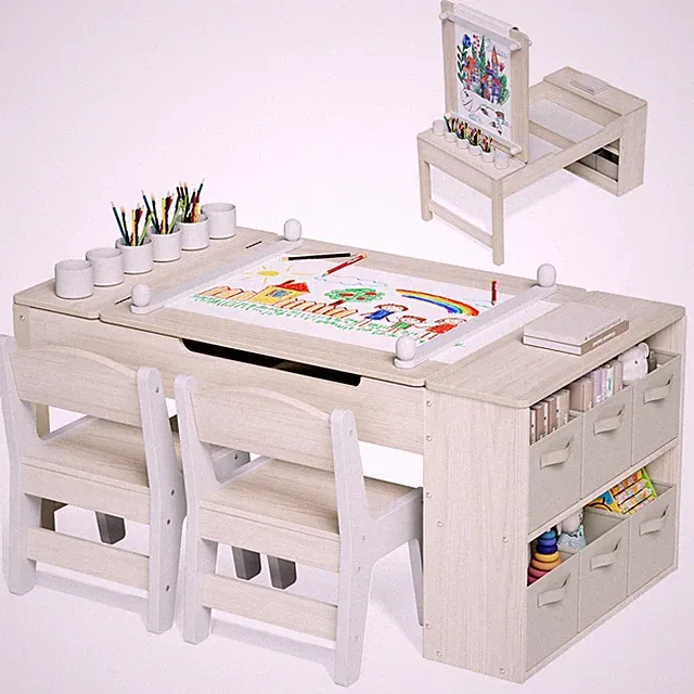 Kindertisch mit 2 Stühlen, Kindertisch Holz, Spieltisch mit Stauraum, 3 teilige