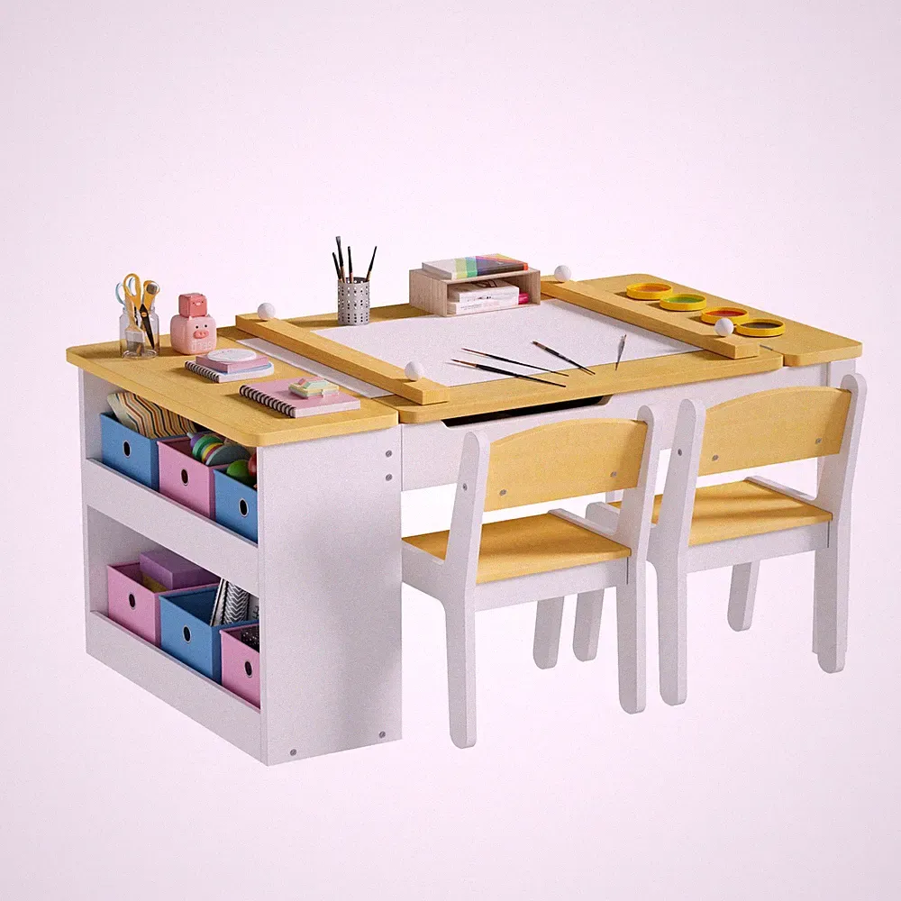 Kindertisch mit 2 Stühlen, Tisch-Stuhl Set Holz, Kindersitzgruppe mit Stauraum