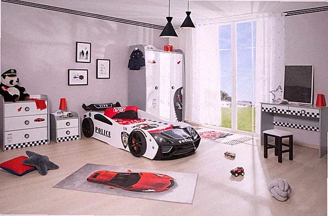 Kinderzimmer komplett Set mit Autobett 5 teilig LED Lattenrost Schrank Kommode