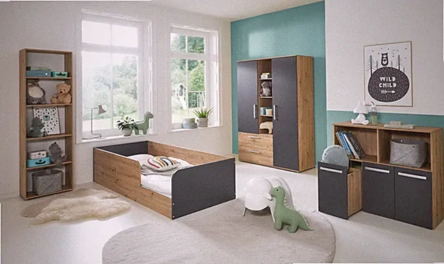 Kinderzimmer Komplettset 4-teilig – Bodenbett, Kleiderschrank, Standregal, Regal