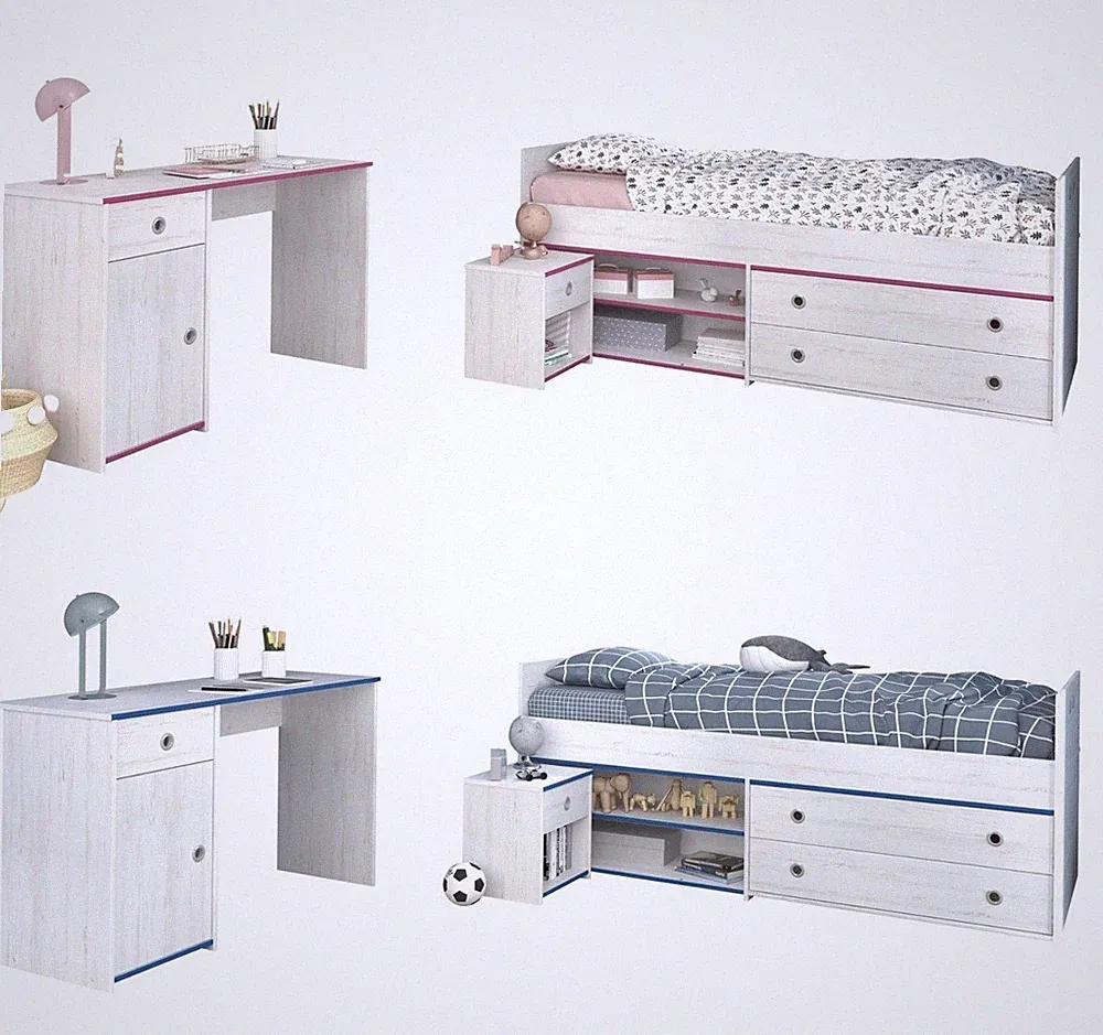 Kinderzimmer Smoozy 27 Parisot 3-tlg Bett + Nachtkommode + Schreibtisch Weiß