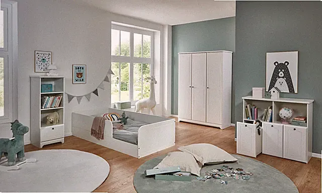 Kinderzimmer Thilo 4tlg. Bodenbett, Kleiderschrank, Spielzeugregal, Standregal
