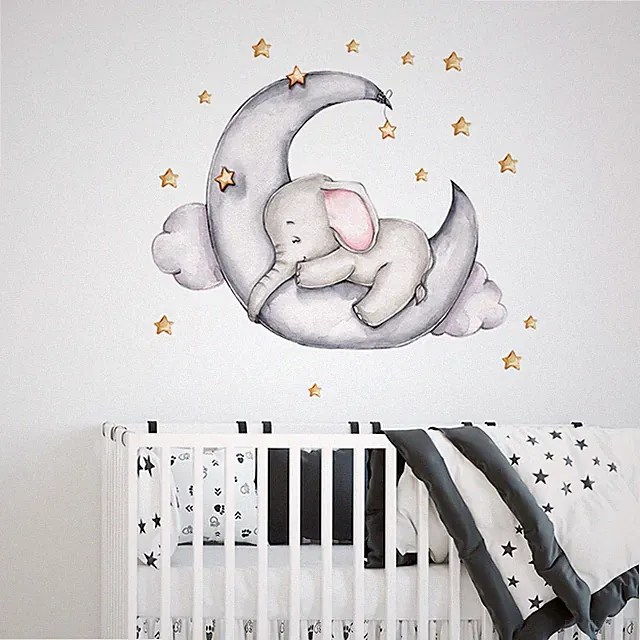 Kinderzimmer Wand Tattoo Elefant Baby Sterne Schlafend auf dem Mond Wandtattoo