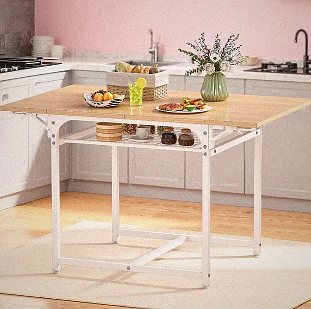 Klappbarer Küchen-Esstisch mit ausziehbarer Klappplatte, Aufbewahrungsregal, Holz