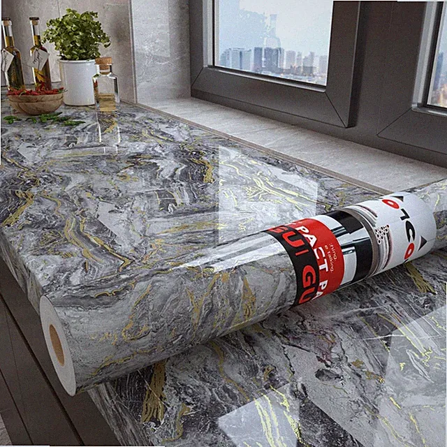 Klebefolie Küche Marmor Grau Gold, selbstklebend, , 90x500cm, Möbelfolie