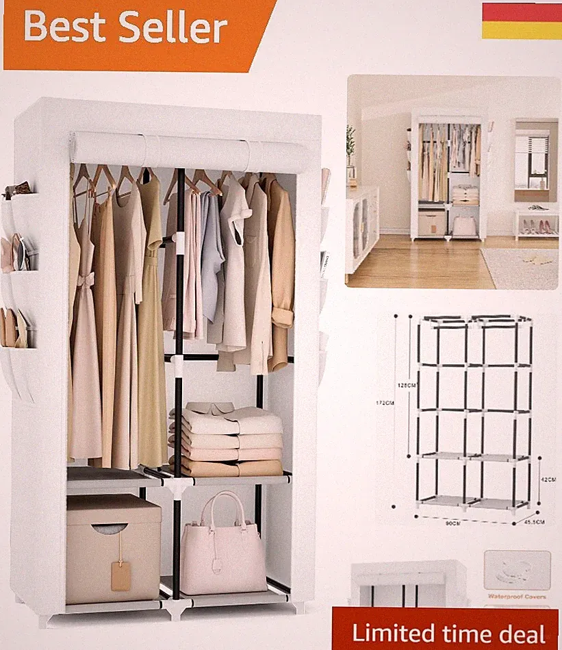 Kleiderraum Kleiderschrank Stoffschrank 172x90x45cm minimalistisch weiß